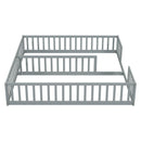 Double Twin Floor Bed with Fence, Guardrails, without door, Grey