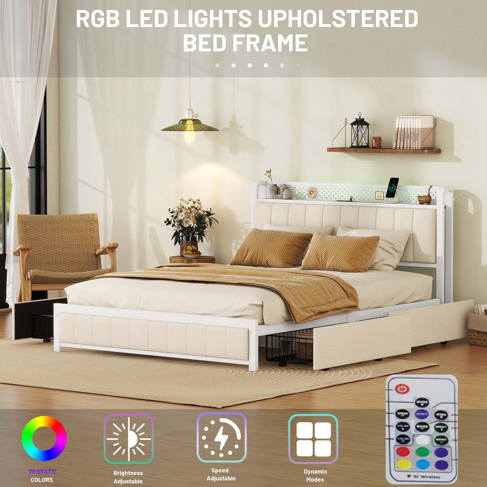 Queen Bed Frame with LED Headboard, Upholstered Bed with 4 Storage Drawers and USB Ports, Beige - Atlantic Fine Furniture Melbourne FL
