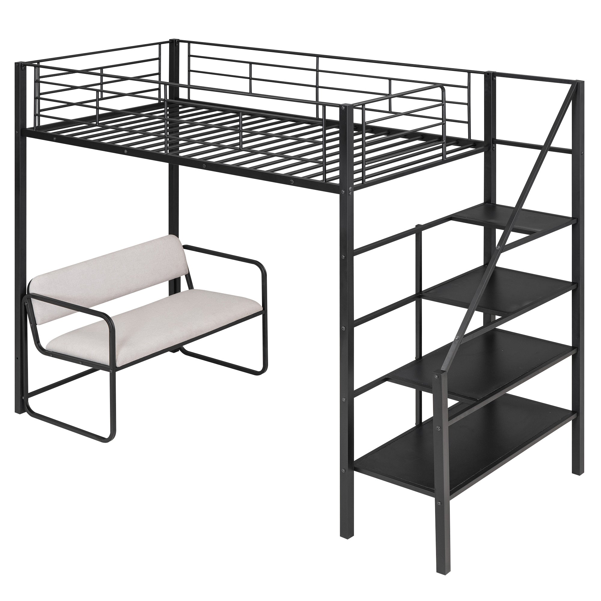 Twin Size Metal Loft Bed with Bench and Storage Staircase, Black - Atlantic Fine Furniture Melbourne FL