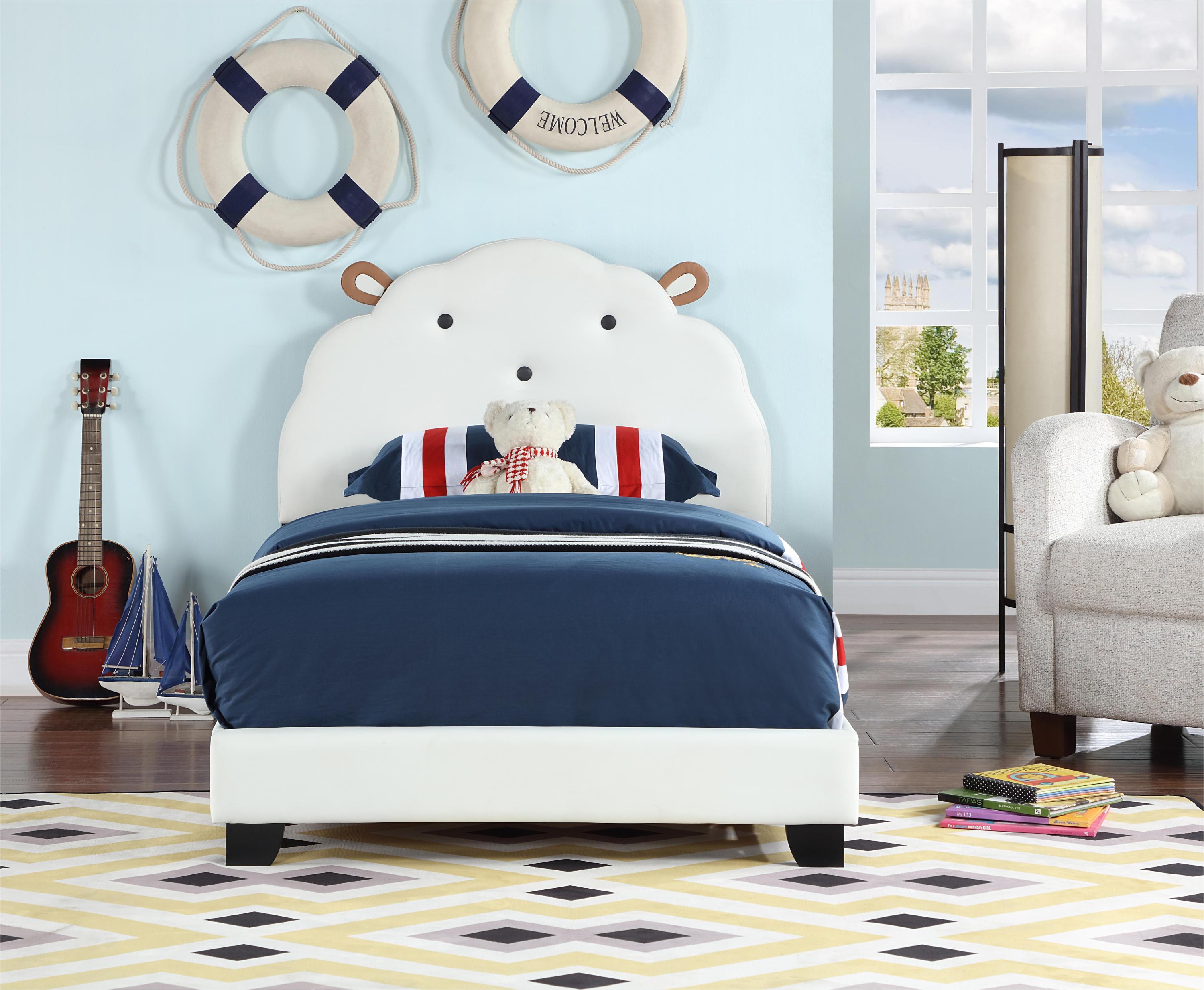 Upholstered Twin Size Platform Bed for Kids, with Slatted Bed Base, No Box Spring Needed, White color, Sheep Design - Atlantic Fine Furniture Melbourne FL