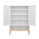 Grid Double Door Shoe Cabinet With Adjustable Compartments And Moisture-Proof Design In White Metal