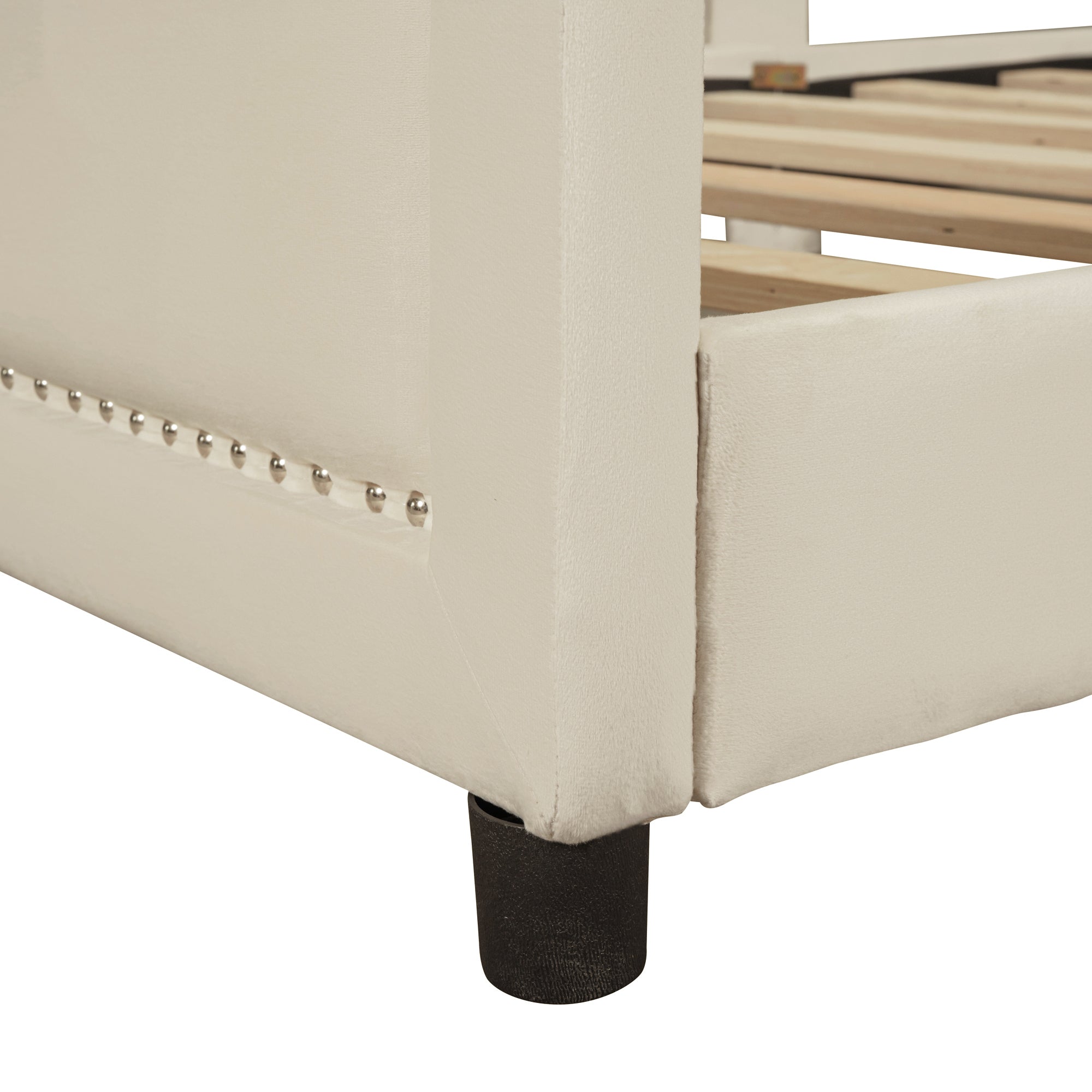 Twin Size Upholstered Daybed with Classic Stripe Shaped  Headboard, Beige - Atlantic Fine Furniture Melbourne FL