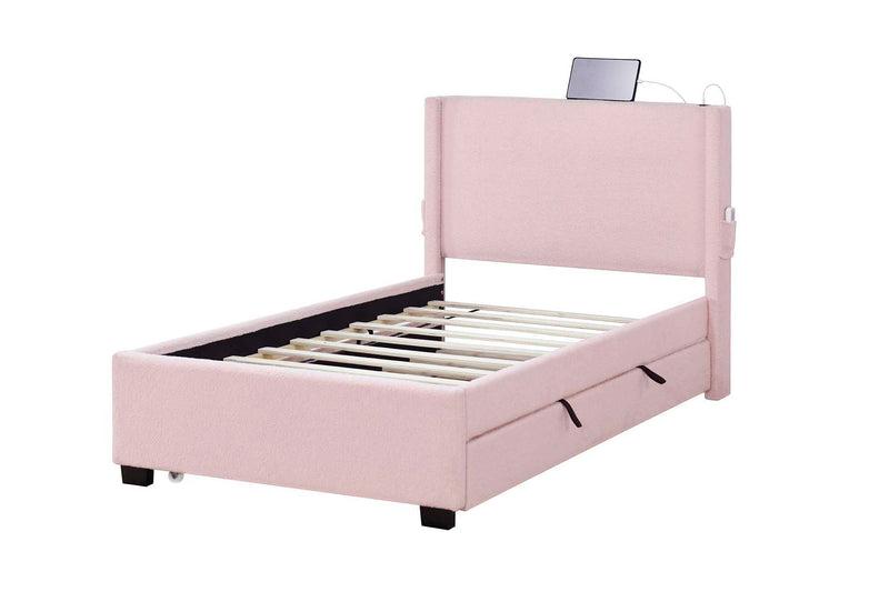 Twin Size Upholstered Bed Frame With Trundle Bed, Teddy Fabric, USB Functionality, And A Pocket Design On The Side Of The Headboard For Storing Small Items - Baby Pink