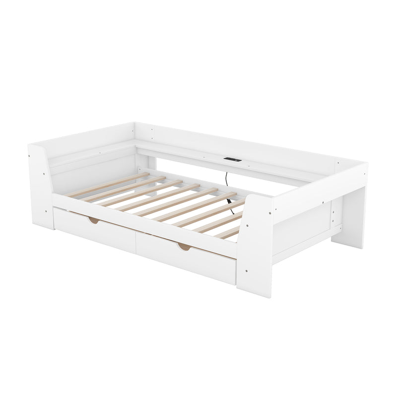 Twin Size Daybed with Shelves, Drawers and Built-In Charging Station, White