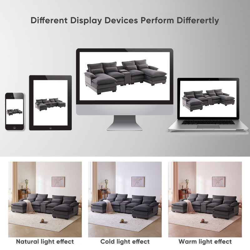 Modern U-Shaped Sofa With Console, Cupholders And USB Ports, 6 Seat Upholstered Symmetrical Indoor Furniture, Sleeper Couch Set With Chaise For Living Room