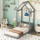 Twin House-shaped Roof Headboard Floor Bed,,(without slats),Grey