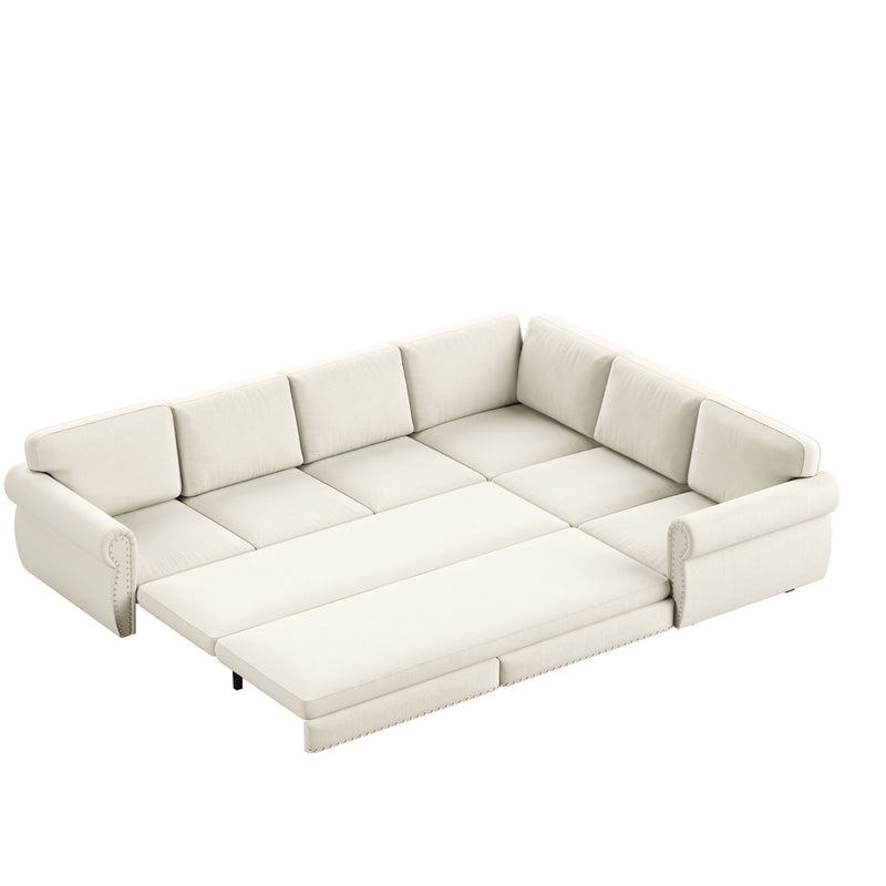 L-Shaped Sofa Couch With Pull Out Bed With Nailhead Trim & Rolled Arm, Sectional Couches, For Living Room - Beige