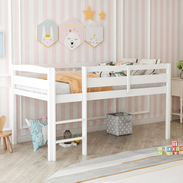 Twin Wood Loft Bed Low Loft Beds with Ladder,Twin,White(OLD SKU :WF192082AAK)