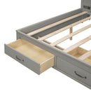 Full Size Wooden Daybed with 3 Storage Drawers, Upper Soft Board, shelf, and a set of Sockets and USB Ports, Gray
