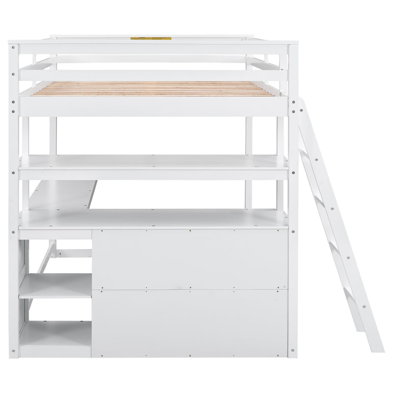 Full Size Loft Bed with Desk and Shelves,Two Built-in Drawers,White(Old SKU: SM000416AAK)