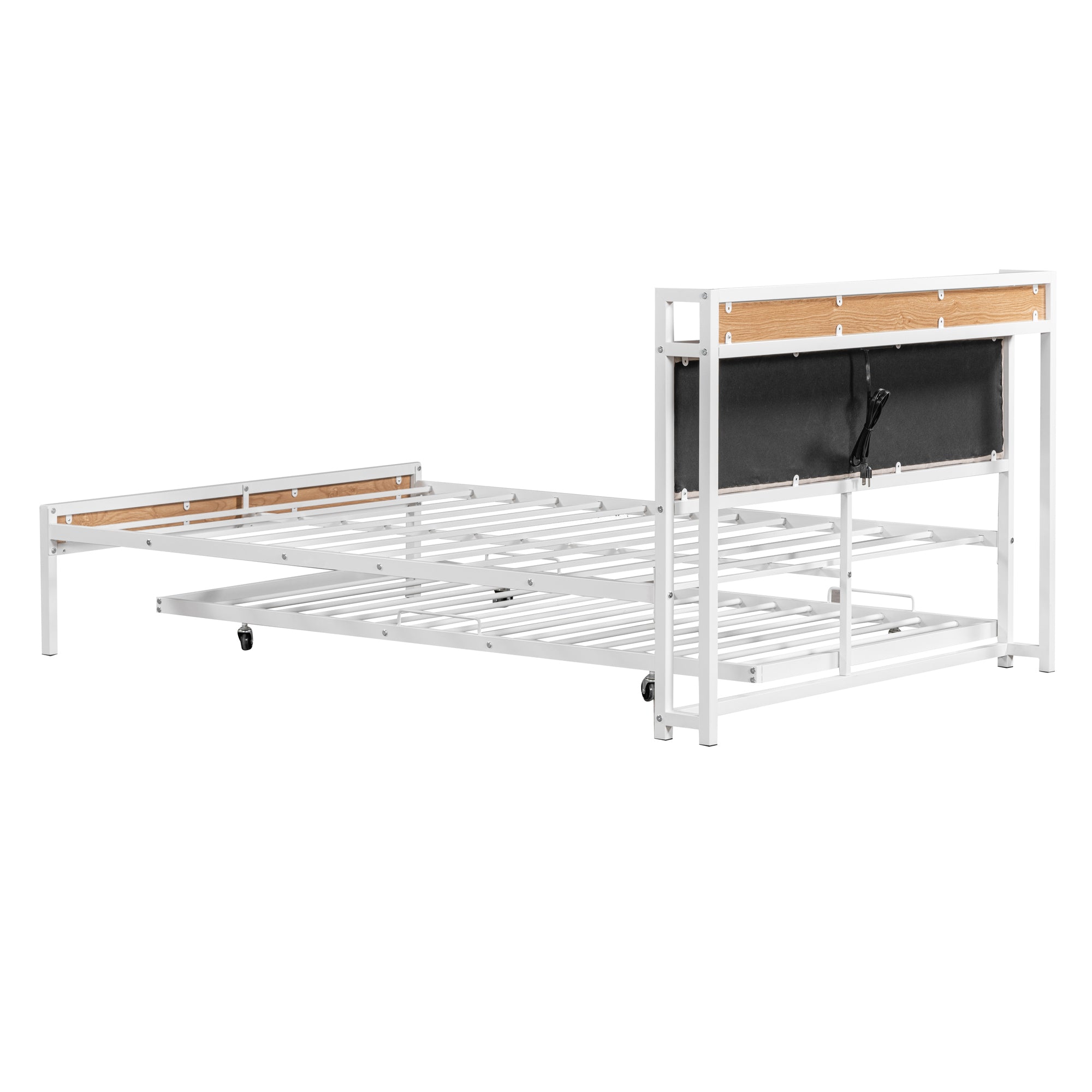 Full Size Metal Platform Bed Frame with Twin size trundle, Upholstered headboard, Sockets, USB Ports and Slat Support, No Box Spring Needed, White - Atlantic Fine Furniture Melbourne FL