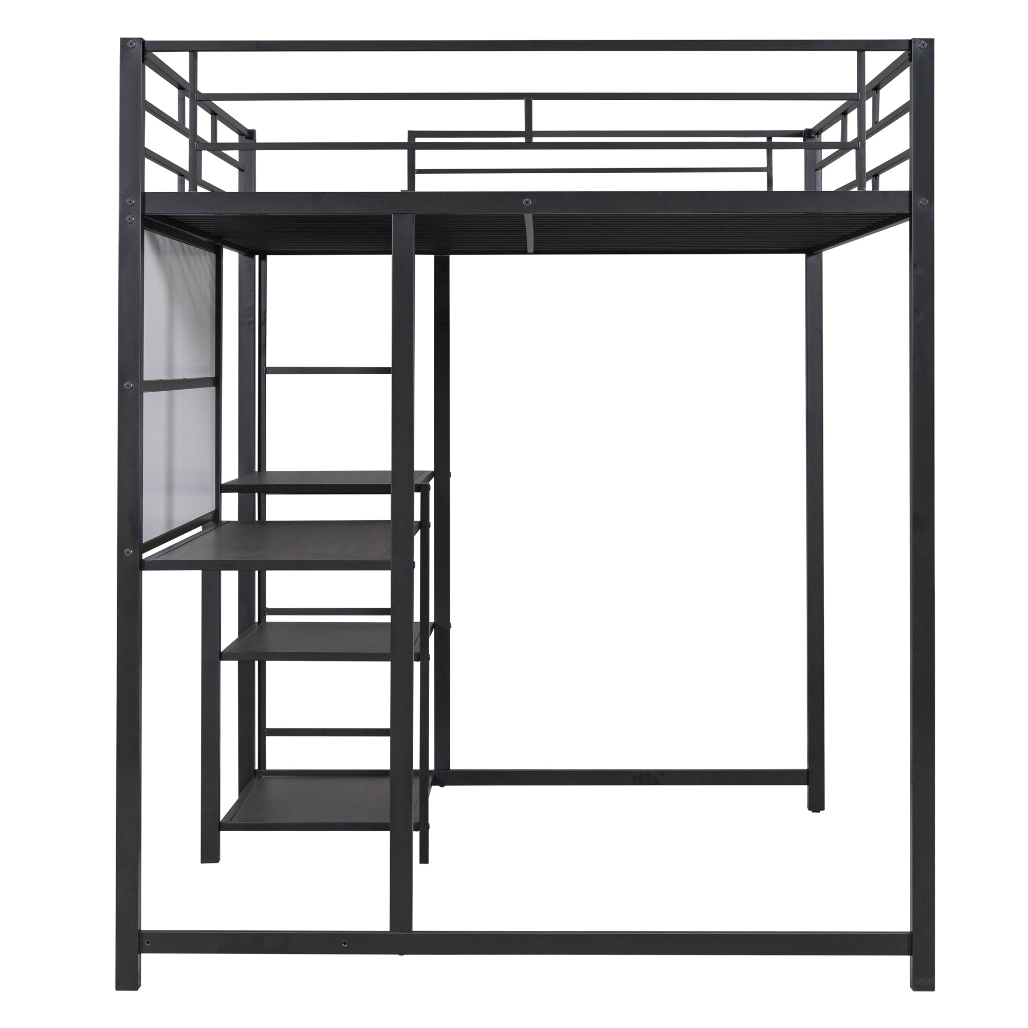 Full Size Loft Bed with Desk and Whiteboard, Metal Loft Bed with 3 Shelves and Ladder, Black - Atlantic Fine Furniture Melbourne FL