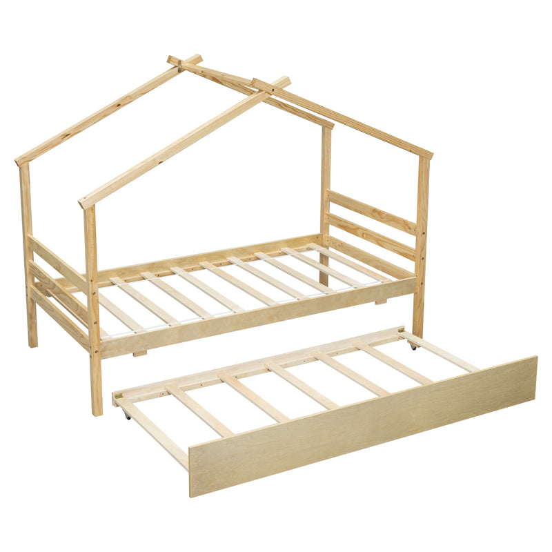 Twin Size  House-shaped Bed with Trundle,Natural