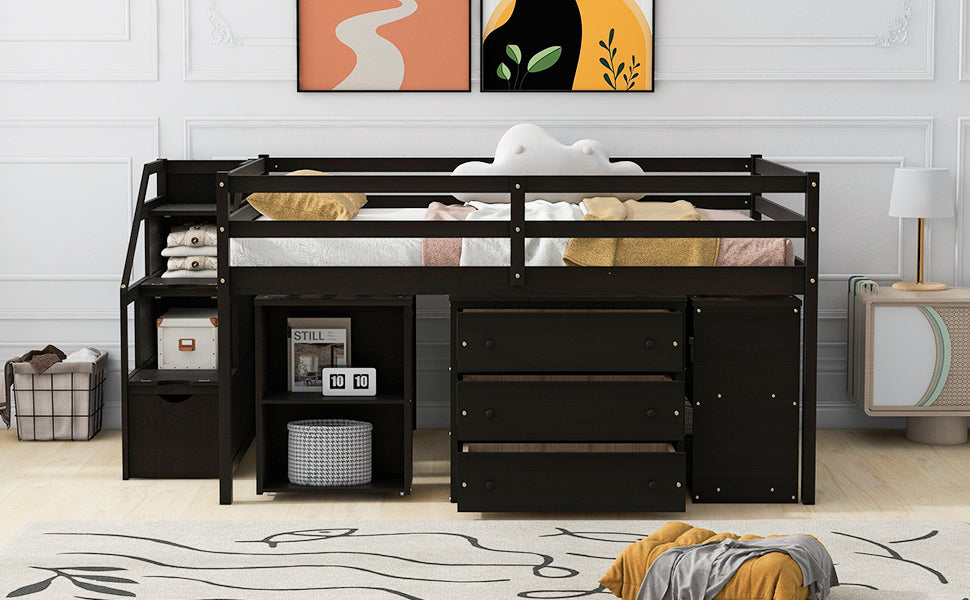 Full Size Loft Bed with Retractable Writing Desk and 3 Drawers, Wooden Loft Bed with Storage Stairs and Shelves, Espresso - Atlantic Fine Furniture Melbourne FL