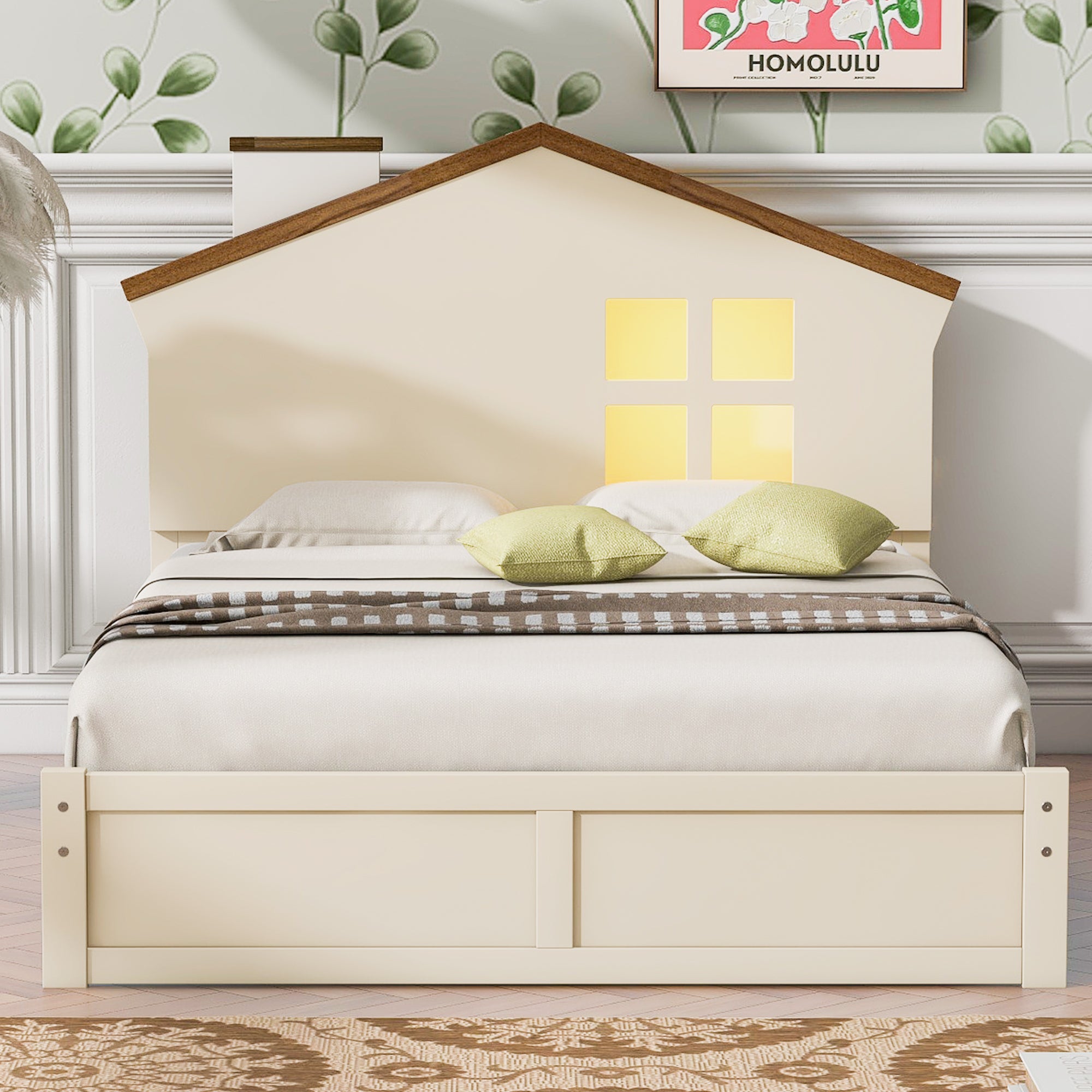 Twin Size Wood Platform Bed with House-shaped Headboard and Built-in LED, Walnut+Milk White - Atlantic Fine Furniture Melbourne FL