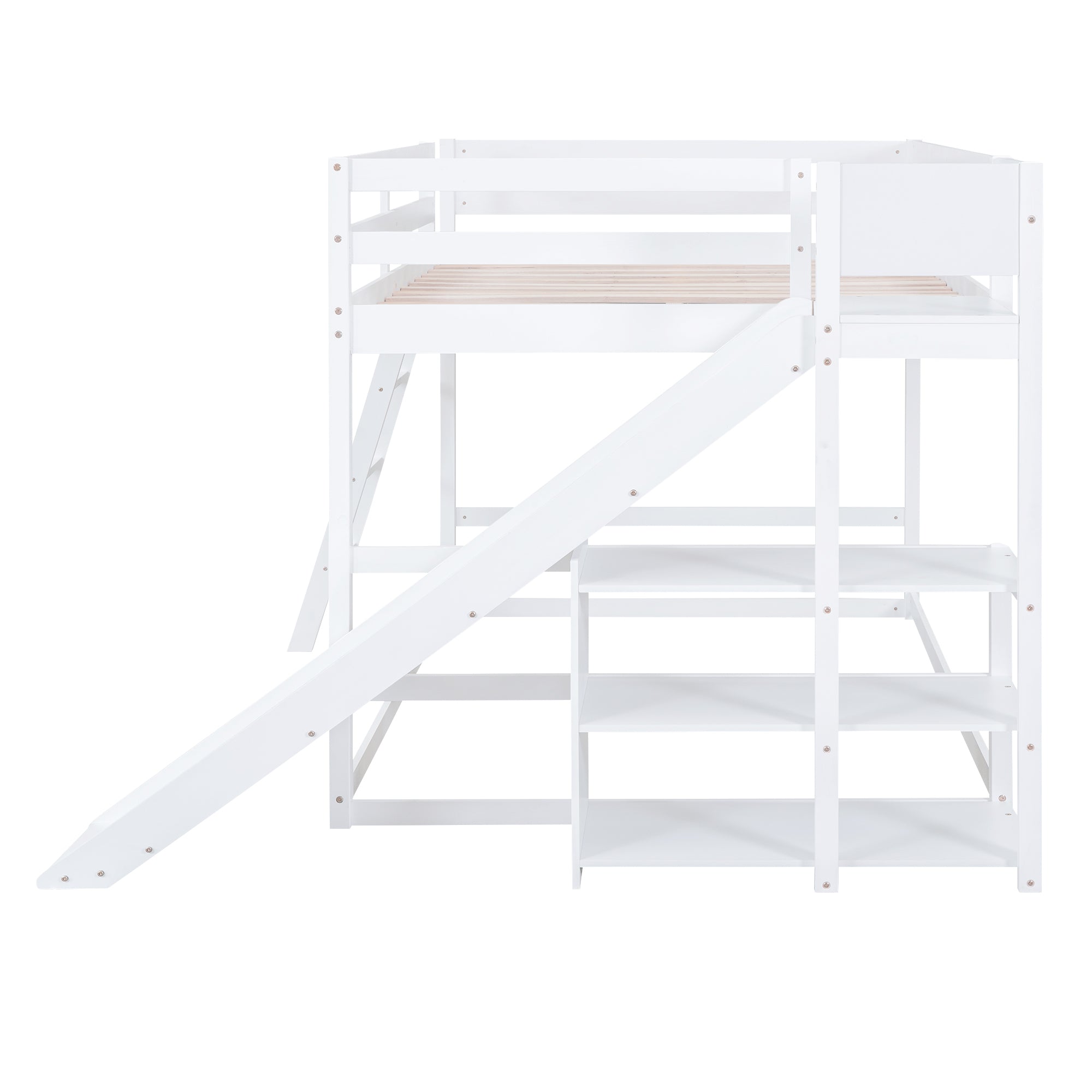 Full over Full Bunk Bed with Ladder, Slide and Shelves, White - Atlantic Fine Furniture Melbourne FL