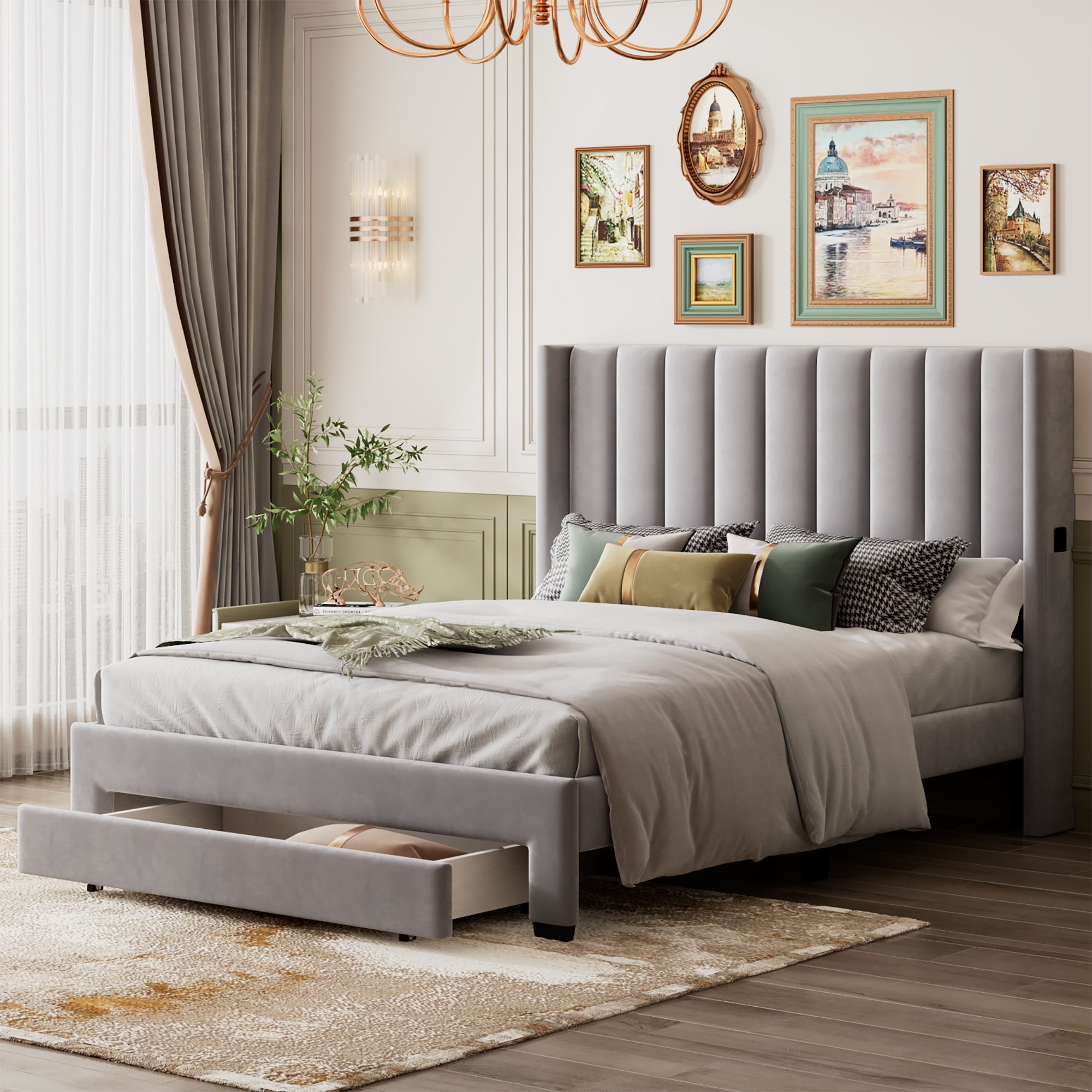 Queen Size Storage Bed Velvet Upholstered Platform Bed with a Big Drawer - Gray - Atlantic Fine Furniture Melbourne FL