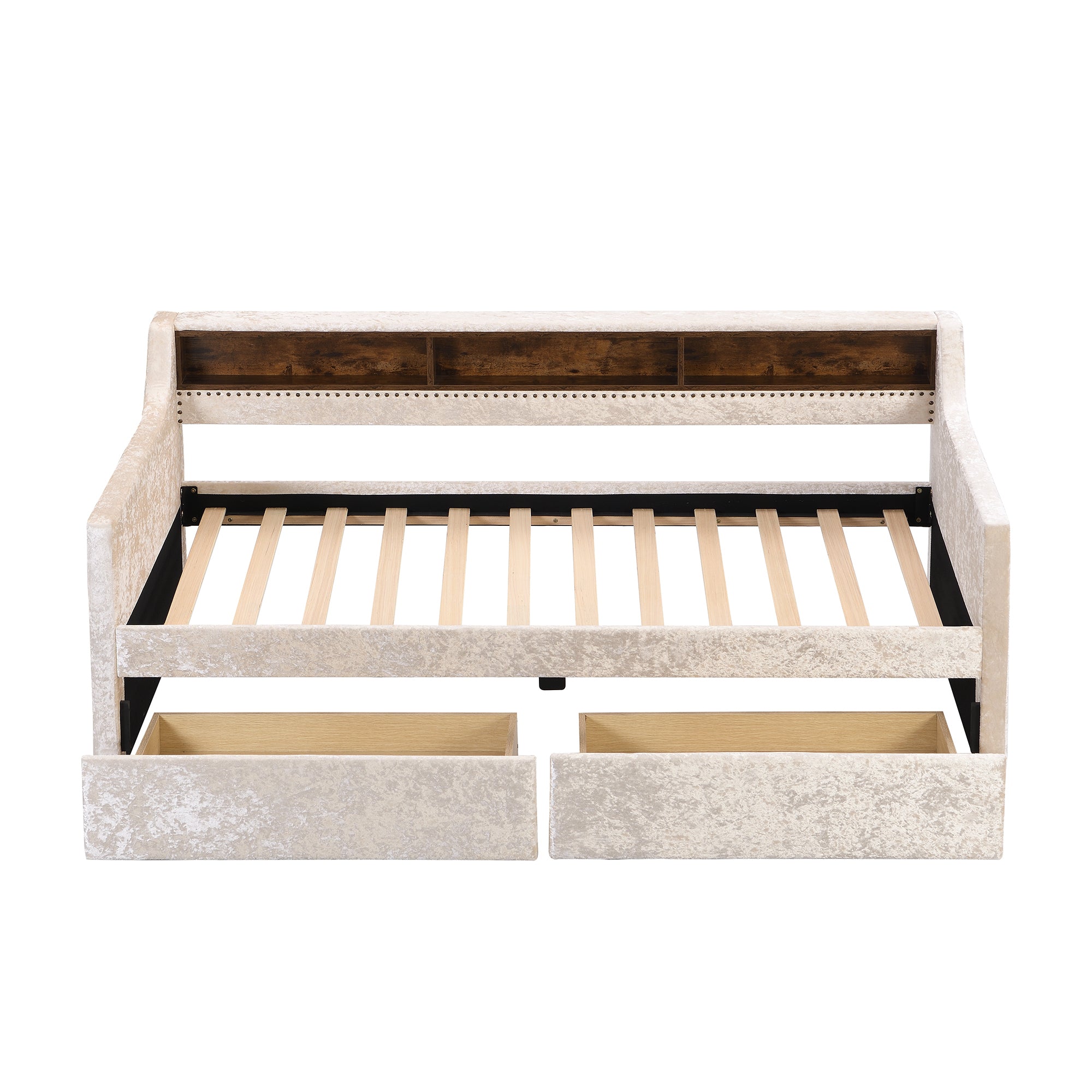Twin Size Snowflake Velvet Daybed with Two Storage Drawers and Built-in Storage Shelves,Beige - Atlantic Fine Furniture Melbourne FL