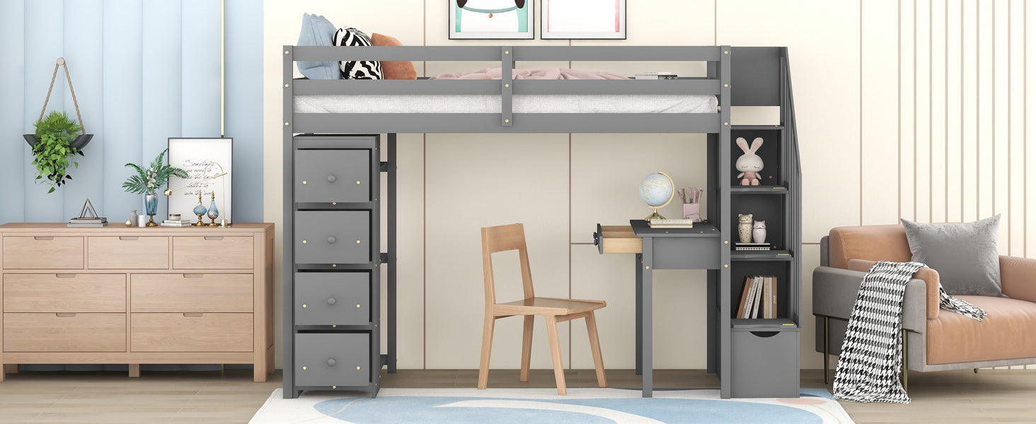 Twin size Loft Bed with Storage Drawers ,Desk and Stairs, Wooden Loft Bed with Shelves - Gray - Atlantic Fine Furniture Melbourne FL
