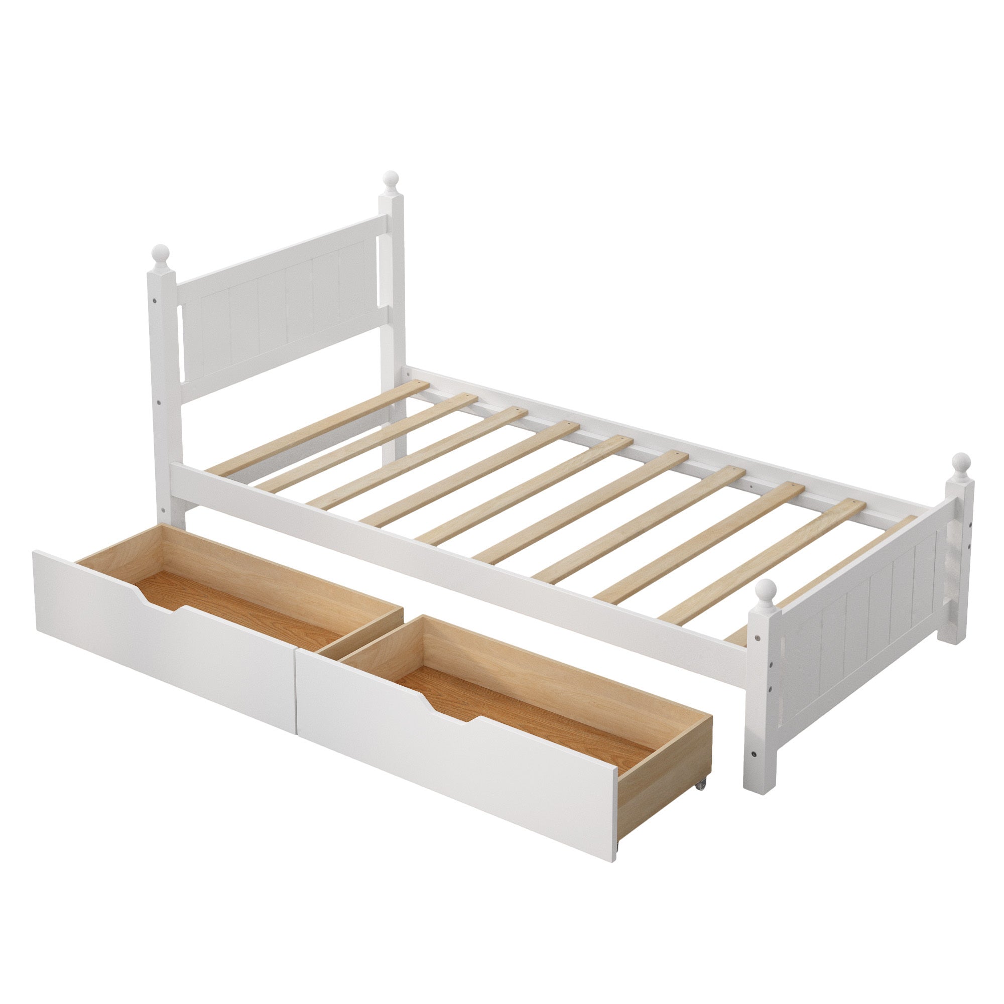 Twin Size Solid Wood Platform Bed Frame with 2 drawers for Limited Space Kids, Teens, Adults, No Need Box Spring, White - Atlantic Fine Furniture Melbourne FL
