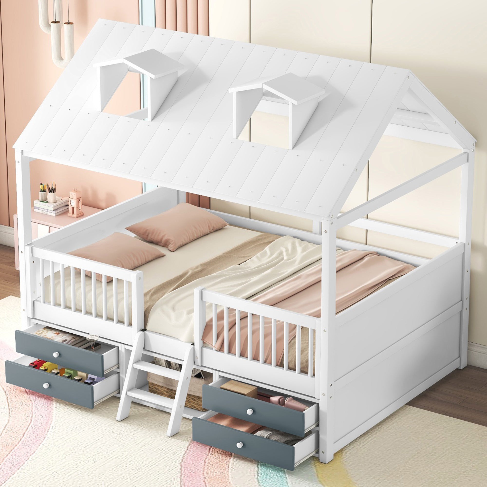 Full Size Wood Bed House Bed Frame,White - Atlantic Fine Furniture Melbourne FL