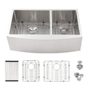 Double Bowl Sink 60 / 40 Split Apron Front Kitchen Sink In 16 Gauge With 2 10" Deep Basins 33" X21" X10" - Brushed Nickel