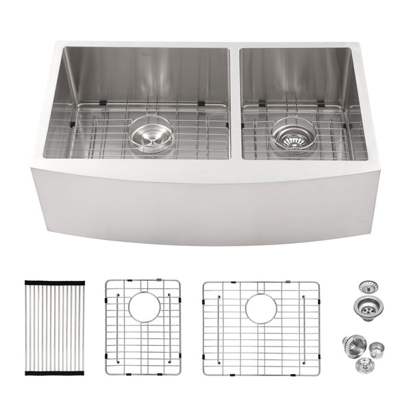 Double Bowl Sink 60 / 40 Split Apron Front Kitchen Sink In 16 Gauge With 2 10" Deep Basins 33" X21" X10" - Brushed Nickel
