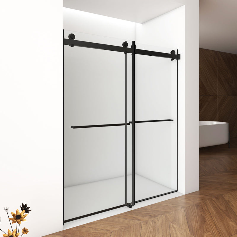 Frameless Shower Door, Double Sliding Shower Door, Clear Tempered Glass Shower Enclosure With Square Rail, Double Side Easy Clean Coat, Finished With Buffer