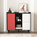 Modern Sideboard Buffet Cabinet With Red Doors And Unique Panel Styling
