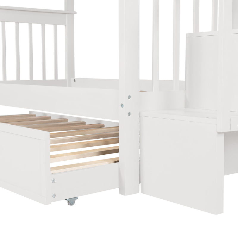 Stairway Bunk Bed With Twin Size Trundle, Storage And Guard Rail For Bedroom, Dorm