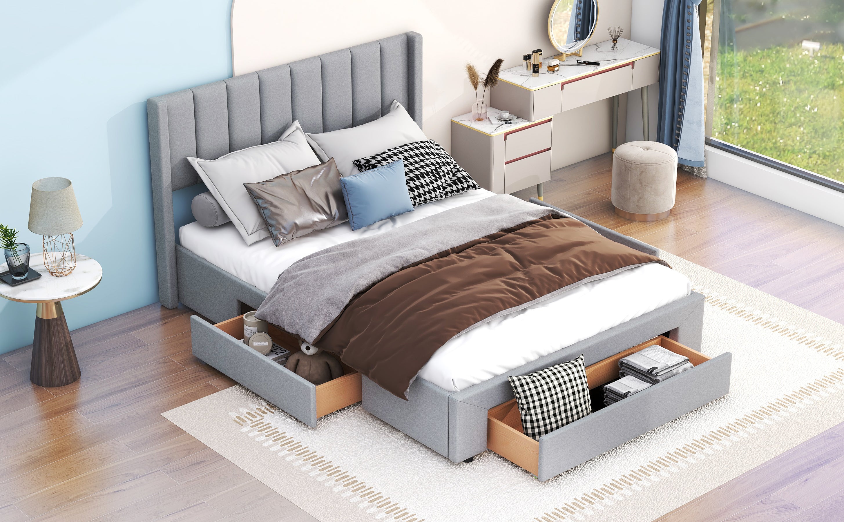 Queen Size Upholstered Platform Bed with One Large Drawer in the Footboard and Drawer on Each Side,Gray - Atlantic Fine Furniture Melbourne FL