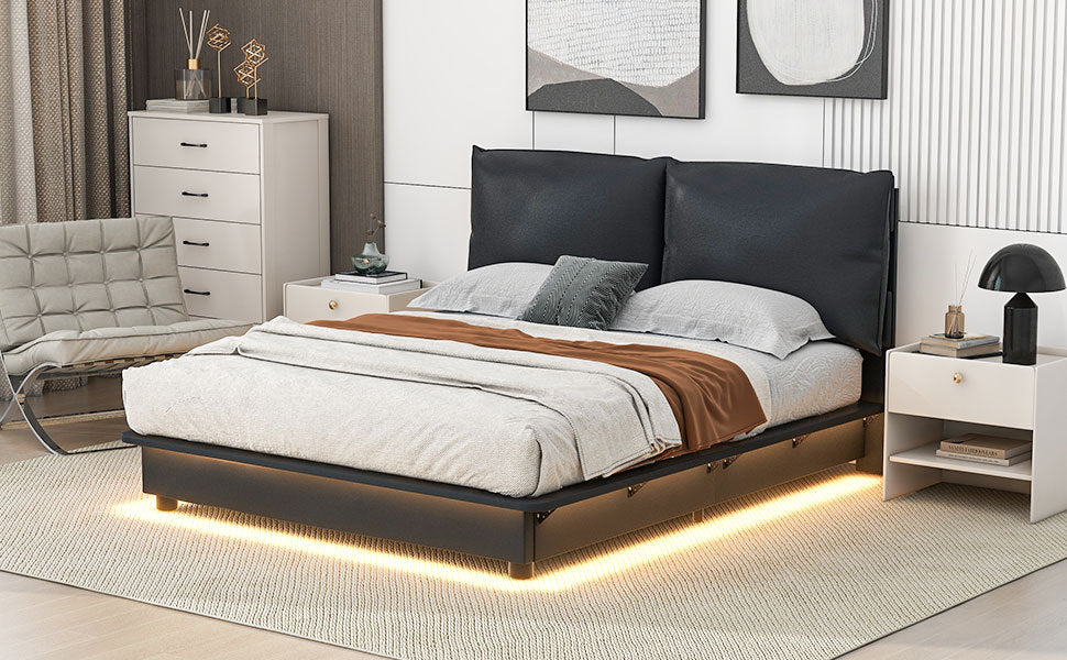 Queen Size Upholstered Platform Bed with Sensor Light and Ergonomic Design Backrests, Black - Atlantic Fine Furniture Melbourne FL