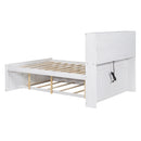 Full Size Platform Bed with Storage Headboard, Charging Station, Twin Size Trundle and 3 Drawers, Antique White