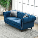 Chesterfield Velvet Fabric Sofa With Roll Armrest And Nailhead, Mid Century 2 Seater Couch In Blue