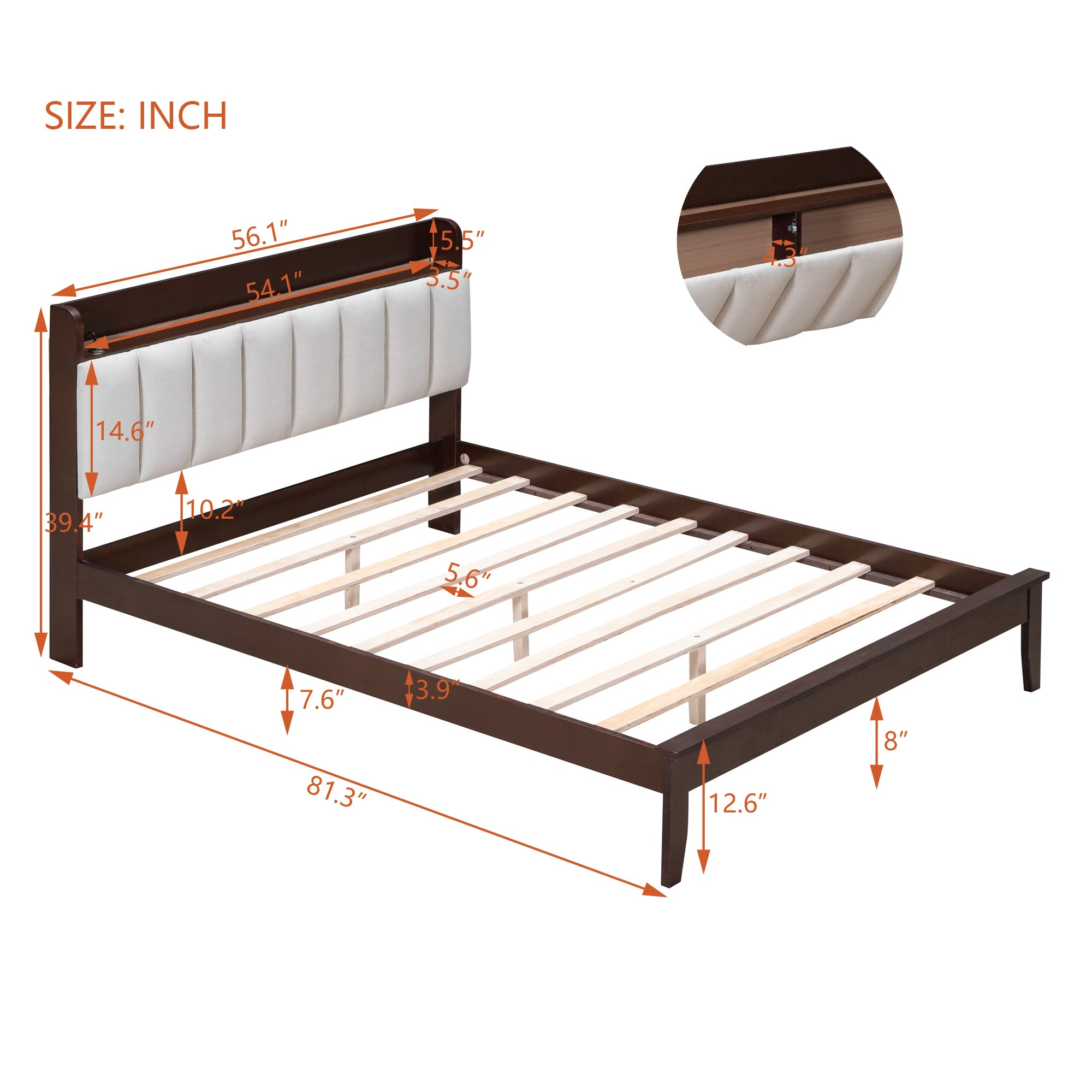 Full size Platform Bed with USB Charging Station and Storage Upholstered Headboard,LED Bed Frame,No Box Spring Needed,Walnut+Beige - Atlantic Fine Furniture Melbourne FL