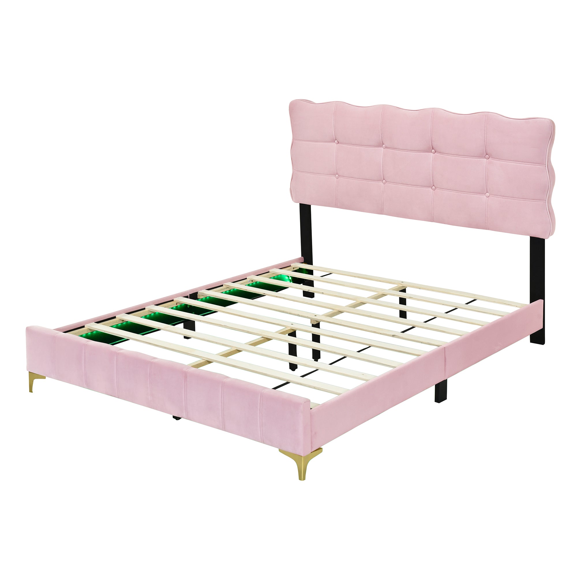 Queen Size Velvet Platform Bed with LED Frame and Stylish Mental Bed Legs, Pink - Atlantic Fine Furniture Melbourne FL