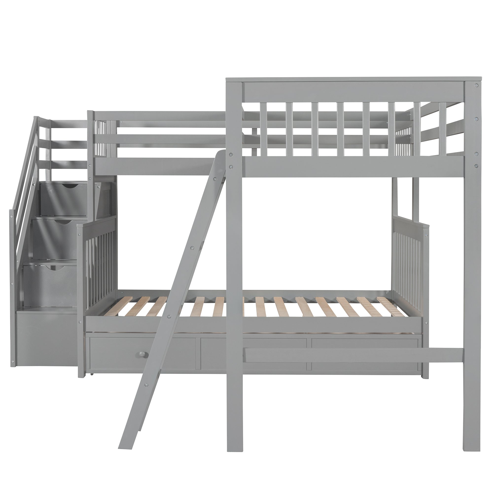 Twin over Full L-Shaped Bunk Bed With 3 Drawers, Ladder and Staircase - Gray - Atlantic Fine Furniture Melbourne FL