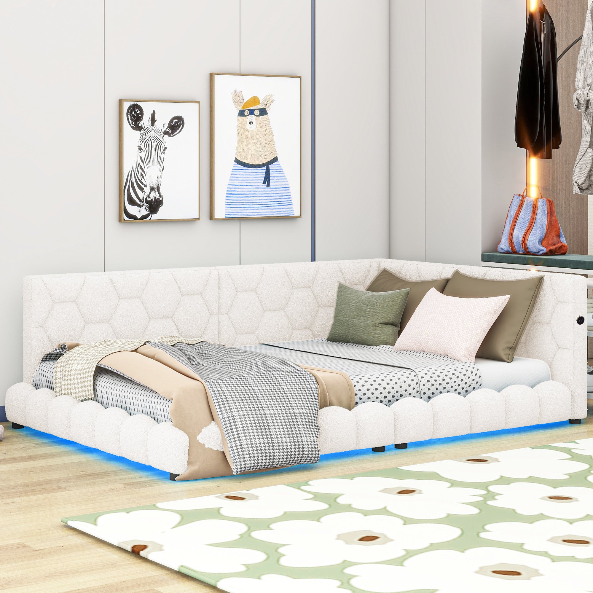 Upholstered Full Size platform bed with USB Ports and LED belt, White - Atlantic Fine Furniture Melbourne FL