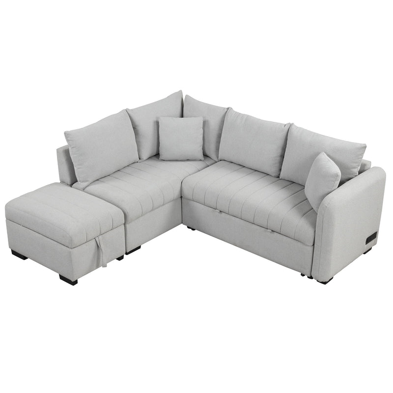 L-Shaped Sectional Pull Out Sofa Bed Sleeper Sofa With Two USB Ports, Two Power Sockets And A Movable Storage Ottoman