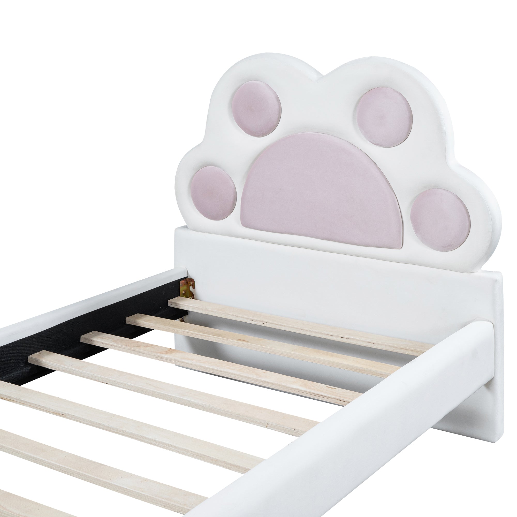 Twin Size Upholstered Platform Bed with Animal Paw Shaped Headboard and LED, Pink - Atlantic Fine Furniture Melbourne FL