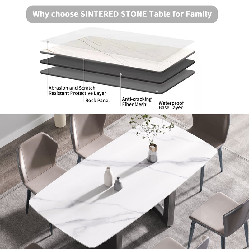 70.87" Modern Artificial Stone White Curved Black Metal Leg Dining Table - White / Black