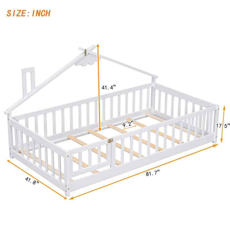 House-Shaped Bedside Floor Bed With Guardrails, Slats, With Door