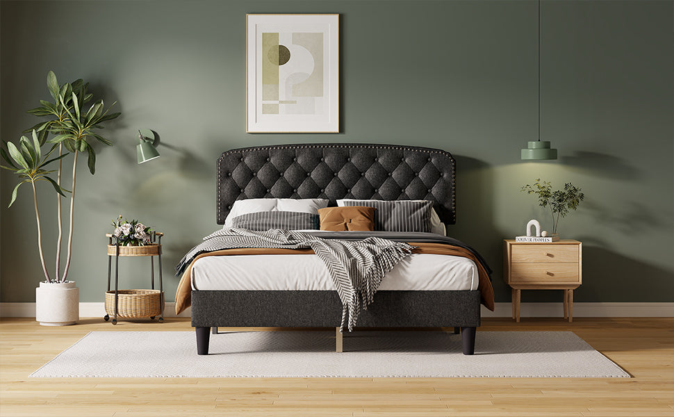 Queen size Adjustable Headboard with Fine Linen Upholstery and Button Tufting for Bedroom,  Wave Top  Dark Grey
