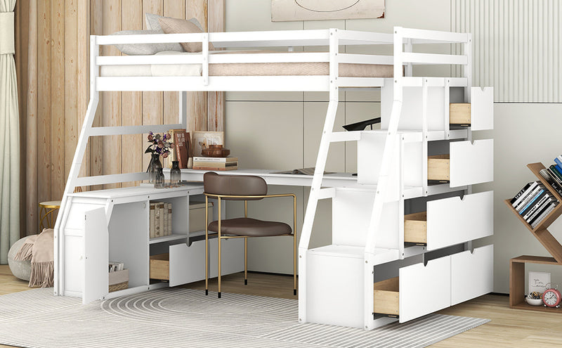 Twin Size Loft Bed with 7 Drawers 2 Shelves and Desk - White