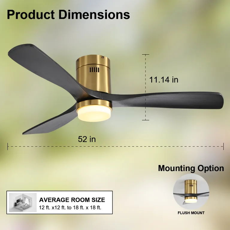 Flush Mount Ceiling Fan With 3 Solid Wood Blades Remote Control Reversible DC Motor For Living Room - Gold