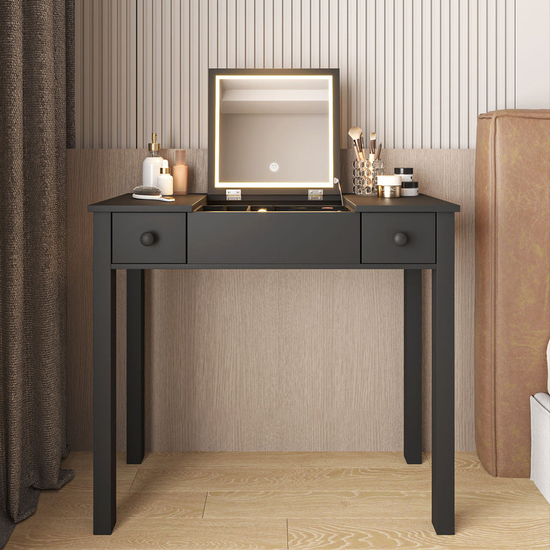 Vanity Table With LED Lights, Flip-Top Mirror And 2 Drawers, Jewelry Storage