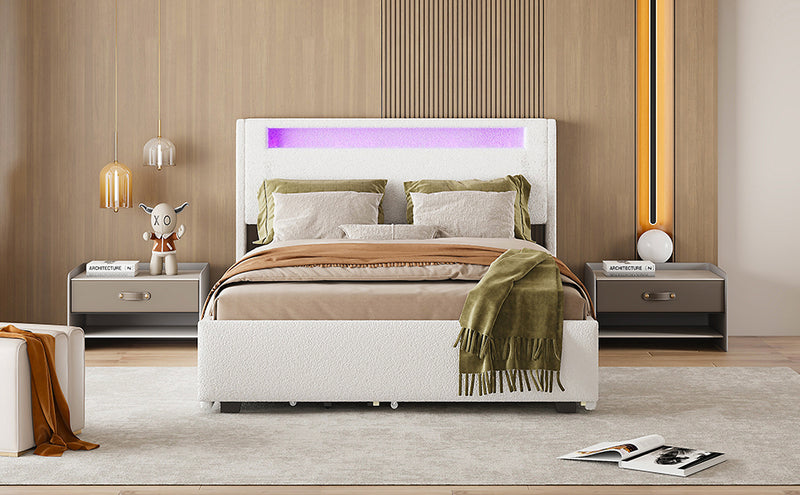 Full Size Upholstered Platform Bed with LED Frame, with Twin  Size Trundle and 2 drawers, Teddy Fleece, White