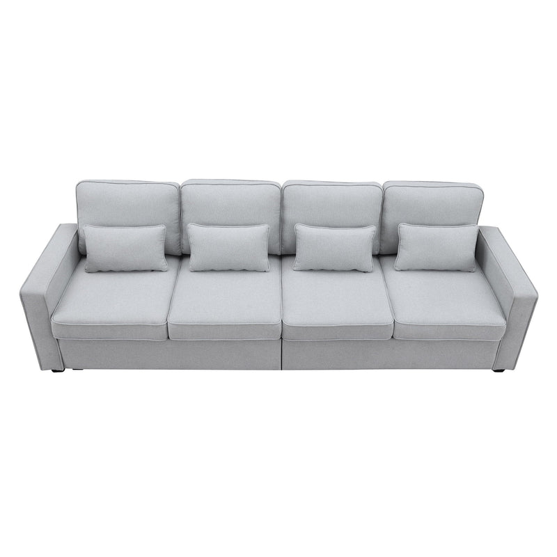 4 Seater Modern Linen Sofa With Armrest Pockets And 4 Pillows, Minimalist Style Couch For Living Room