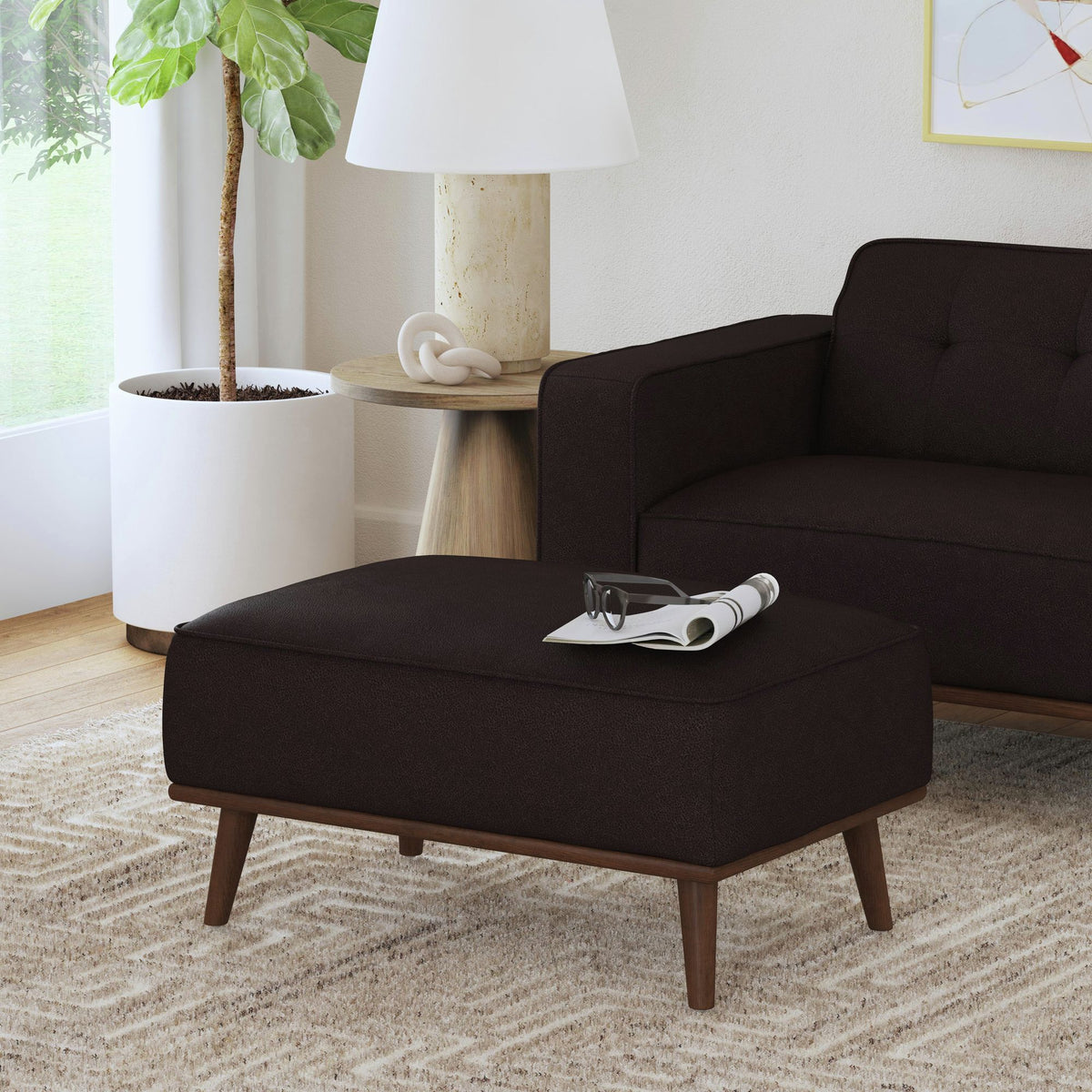 Destiny Ottoman With Wood Base in Dark Brown by Elements International, view 3