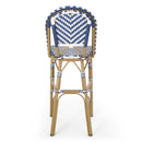 Outdoor Rattan French Barstool Set,, Bamboo, Seat Height - Navy Blue / White